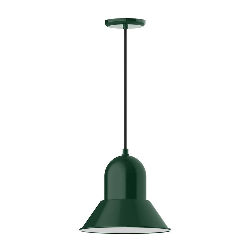 Forest green LED pendant with bell shade and black cord, 12 in