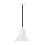 White LED pendant light with bell shade and hanging cord, 12 in wide.