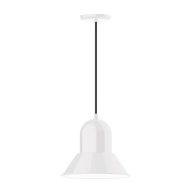 White LED pendant light with bell shade and hanging cord, 12 in wide.