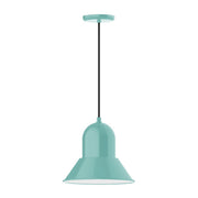 Sea green LED bell pendant with black cord, 12 in shade.