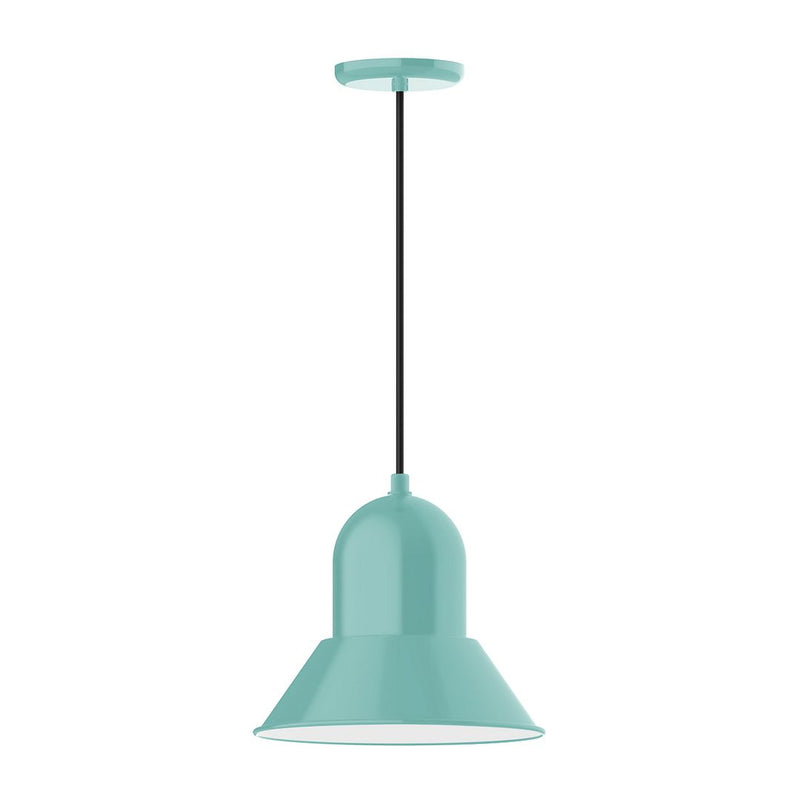 Sea green glass pendant light with bell shade and black cord, 12-inch size