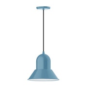 Light blue LED pendant with bell shade, black cord, and round ceiling canopy.