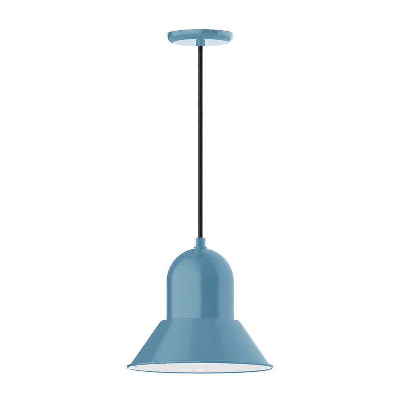 Light blue LED pendant with bell shade, black cord, and round ceiling canopy.