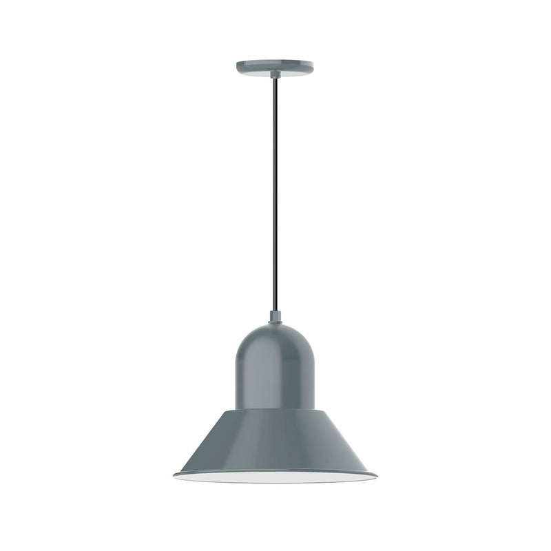 Slate gray pendant light with metal dome shade and hanging cord.