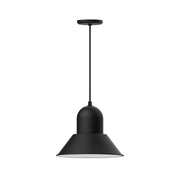 Black 14-inch pendant light with round bell shade and downrod mount