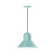 Sea green bell-shade pendant light with black cord and round ceiling canopy