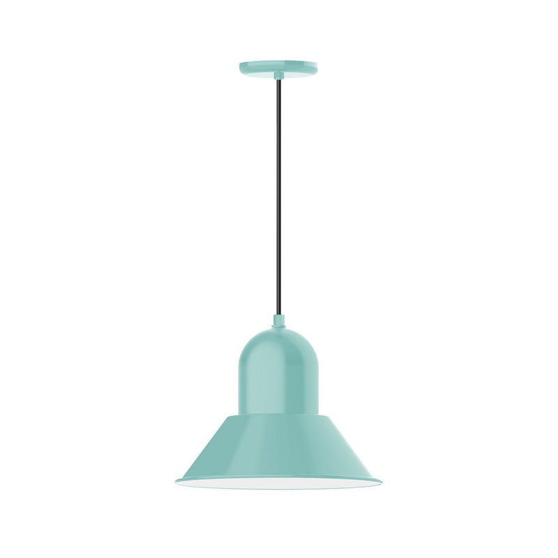 Sea green bell pendant lamp with black cord and round ceiling canopy.