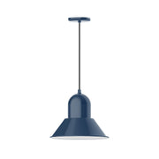 Navy LED pendant light with bell shade and straight suspension rod