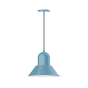 Light blue bell pendant with black cord and round top cap, 14 in wide
