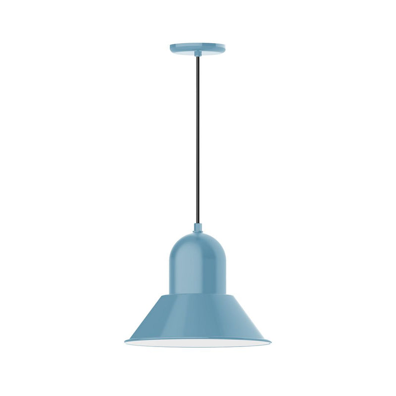 Light blue bell pendant with black cord and round top cap, 14 in wide