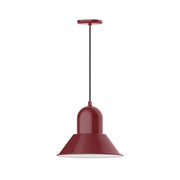 Barn red LED pendant light with bell shade and hanging cord.