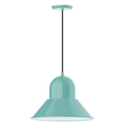 Sea green pendant light with bell-shaped glass shade and corded suspension