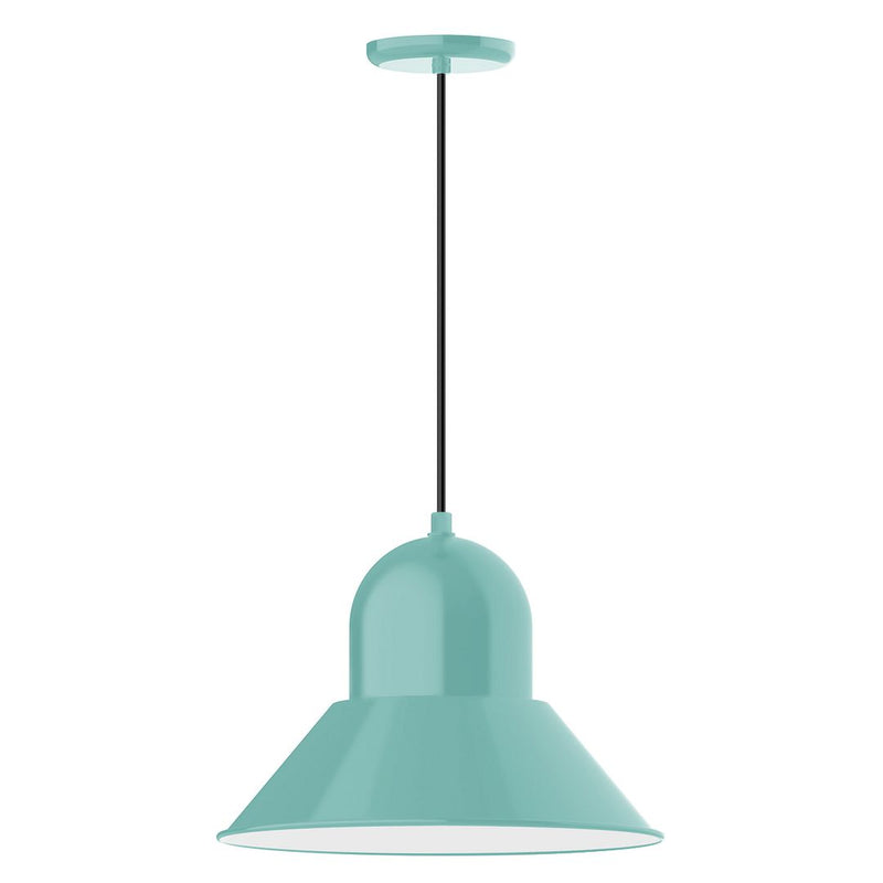 Sea green pendant light with bell-shaped glass shade and corded suspension