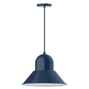 Navy LED pendant lamp with bell-shaped shade and hanging stem, 16-inch width