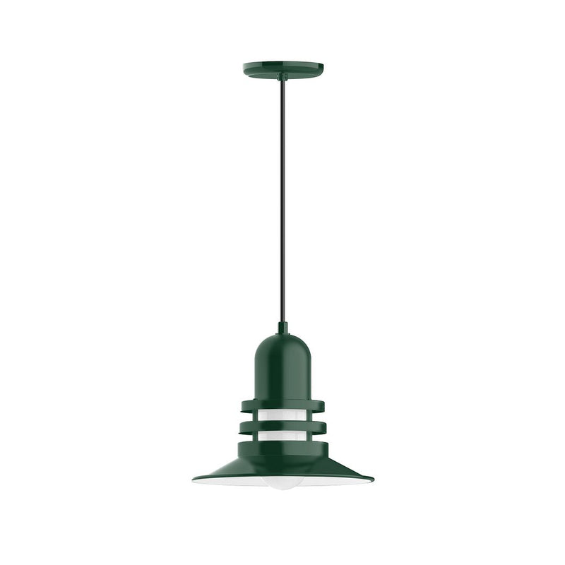 Forest green 12" atomic pendant light with ribbed base and open dome shade