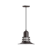 Architectural bronze pendant light with ribbed cylindrical shade and round ceiling mount.