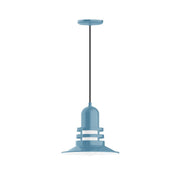 Light blue atomic 12-inch pendant light with ribbed glass shade