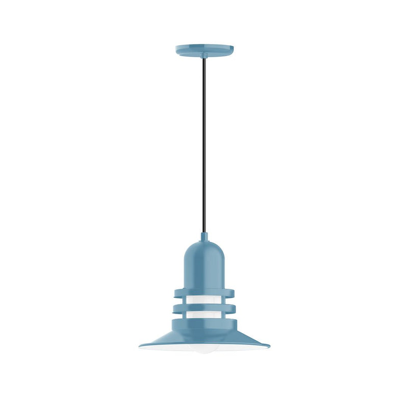 Atomic 12 in pendant light with light blue metal bell shade and cord