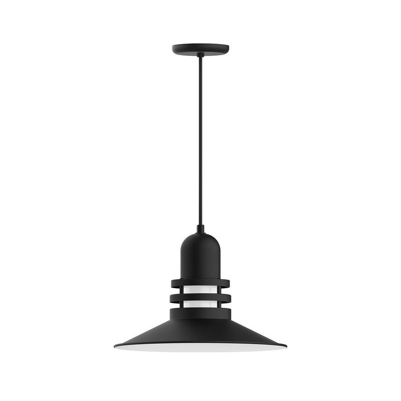 Black Atomic 16 in pendant light with bell shade and ceiling canopy.