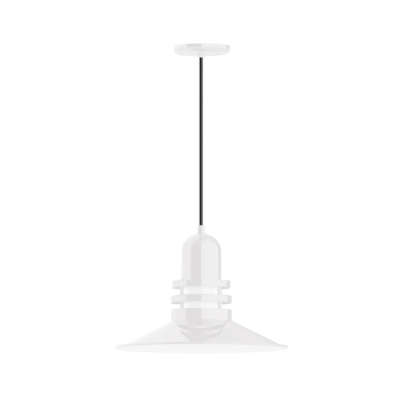 White 16-inch atomic pendant light with bell shade and stacked ring details