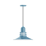 Light blue glass pendant light with layered bands and wide bell shade