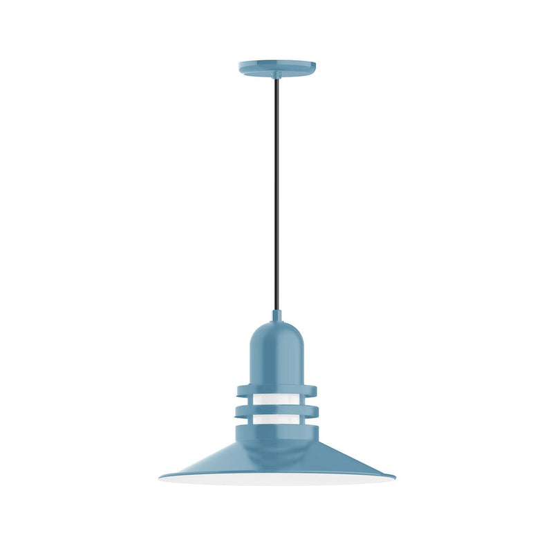 Light blue pendant lamp with domed shade and hanging stem, 16 in wide