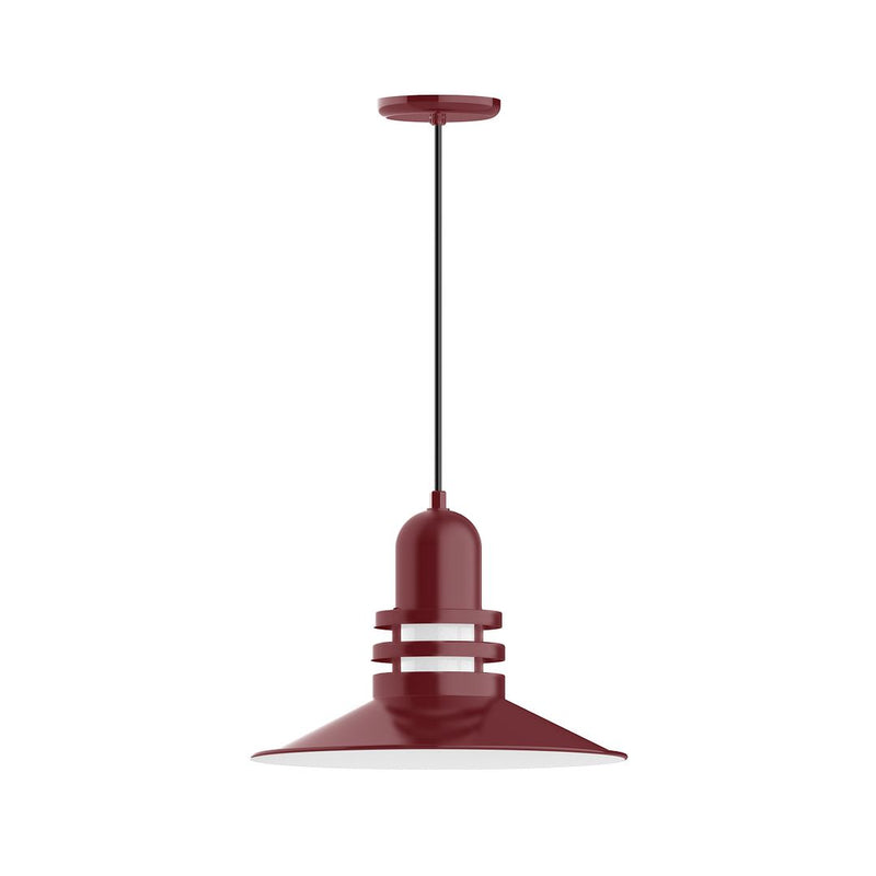 Barn red pendant light with metal shade, ribbed detail, and round ceiling canopy