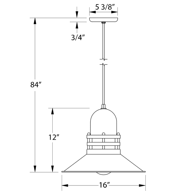 Black 16 in pendant light with domed shade and flared base, hanging cord