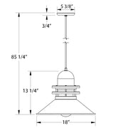 Black pendant light with 18 in shade width and hanging height dimensions