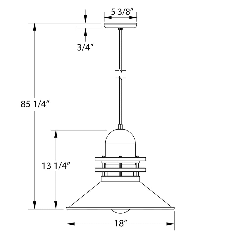 18-inch black pendant light with dome shade; height and width dimensions shown