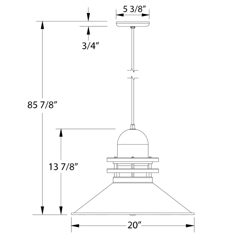 Black 20 in pendant light with glass dome shade and stacked metal base.