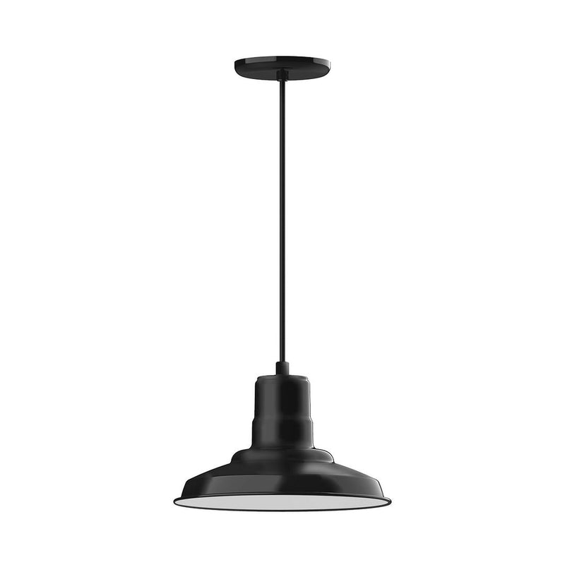 Black 12-inch pendant light with domed metal shade and hanging stem