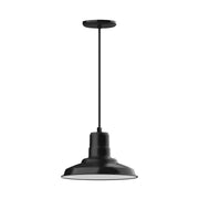 Black pendant light with round ceiling canopy and bell-shaped shade on a cord.