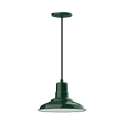 Forest green pendant light with wide dome shade and straight downrod