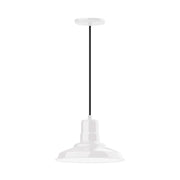 White pendant light with tapered shade and black hanging cord