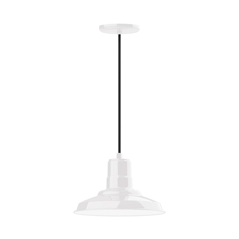 White metal pendant light with bell-shaped shade and straight hanging stem