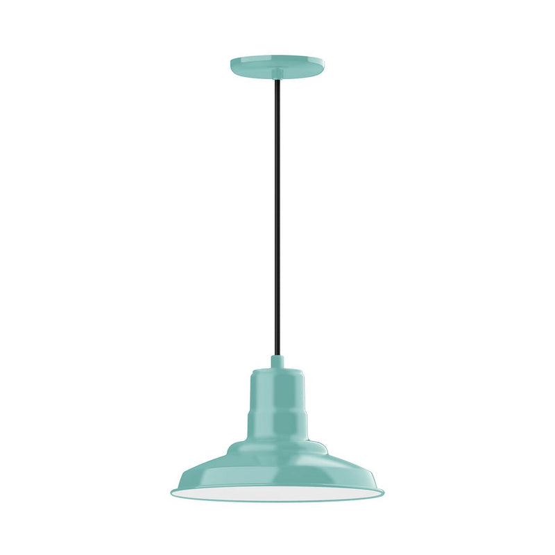 Sea green LED pendant with metal dome shade and black hanging cord
