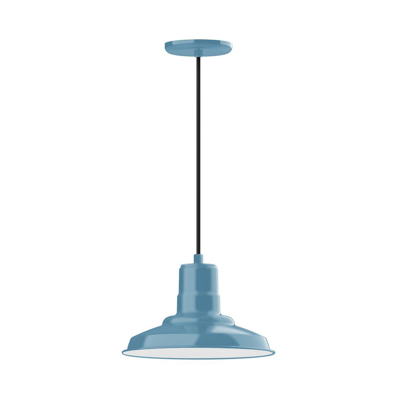 Light blue 12-inch pendant lamp with metal bell shade and straight hanging cord.