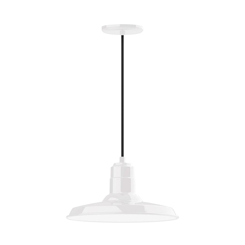 White pendant light with wide bell shade and central hanging cord