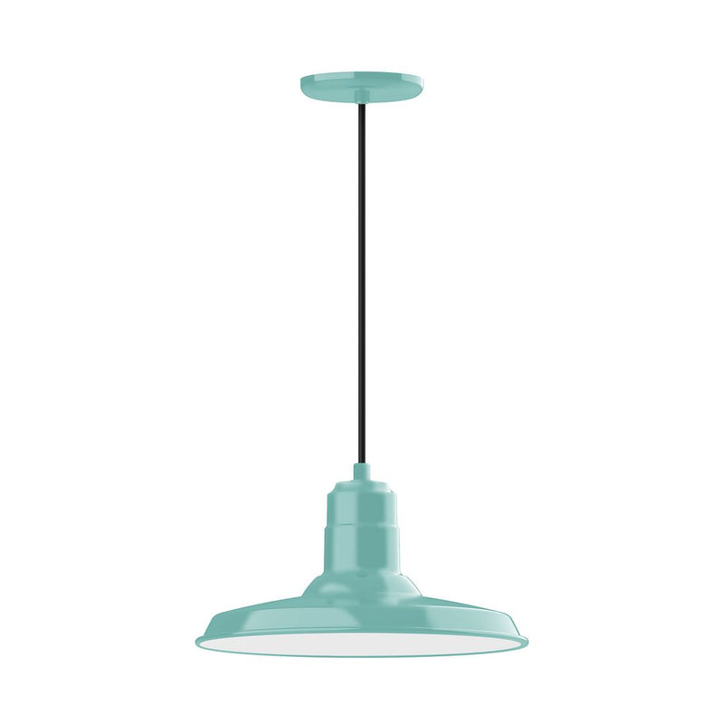 Sea green pendant light with metal dome shade and hanging stem