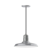 LED pendant light with painted galvanized shade and black cord, round ceiling canopy