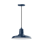 Navy pendant light with round canopy and wide flared metal shade