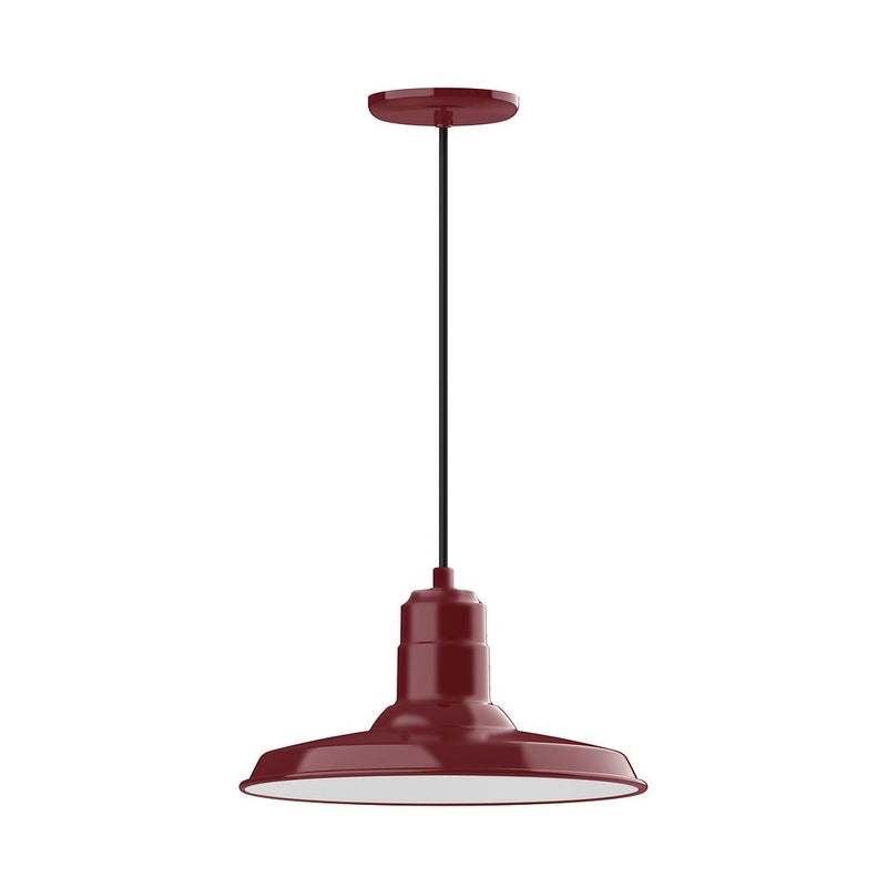 Barn red metal pendant light with round shade and socket, 14 in size