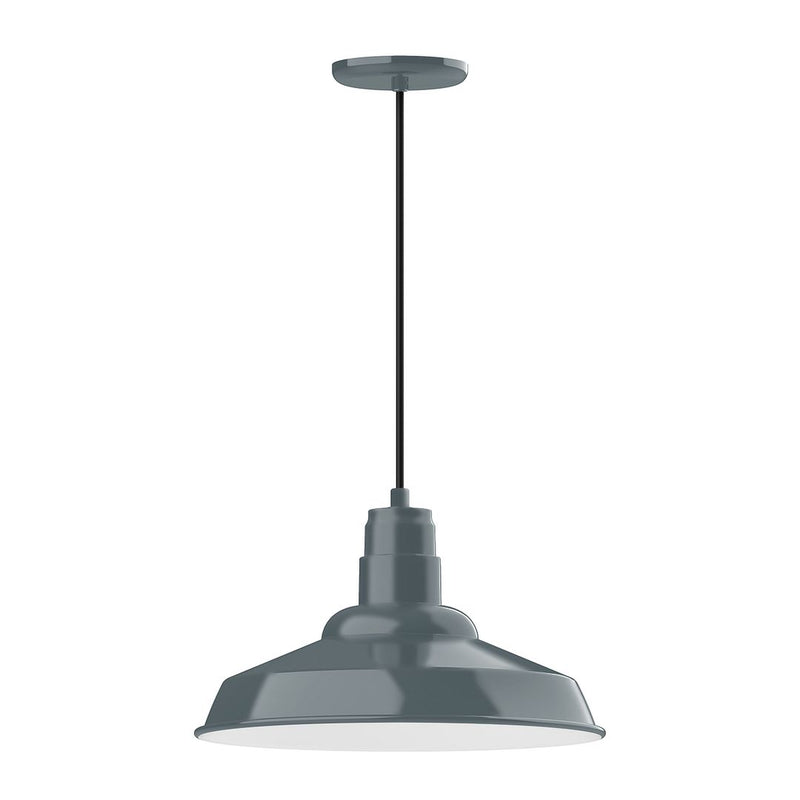 Slate gray pendant lamp with dome shade and long cord, metal canopy at top