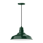 Forest green metal pendant lamp with domed shade, cord, and matching ceiling canopy