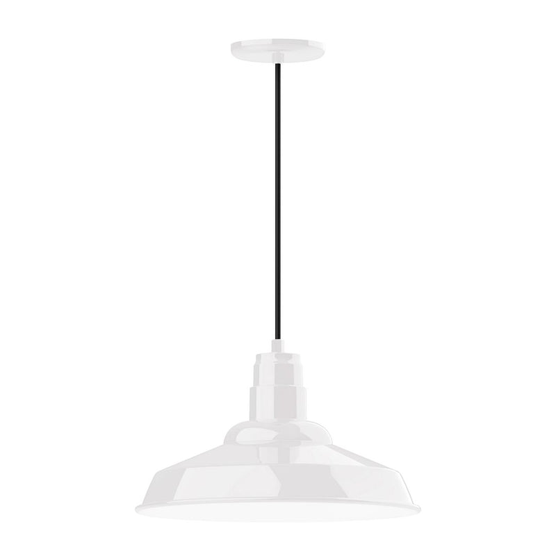 White Warehouse 16-inch pendant with bell-shaped shade and black cord.
