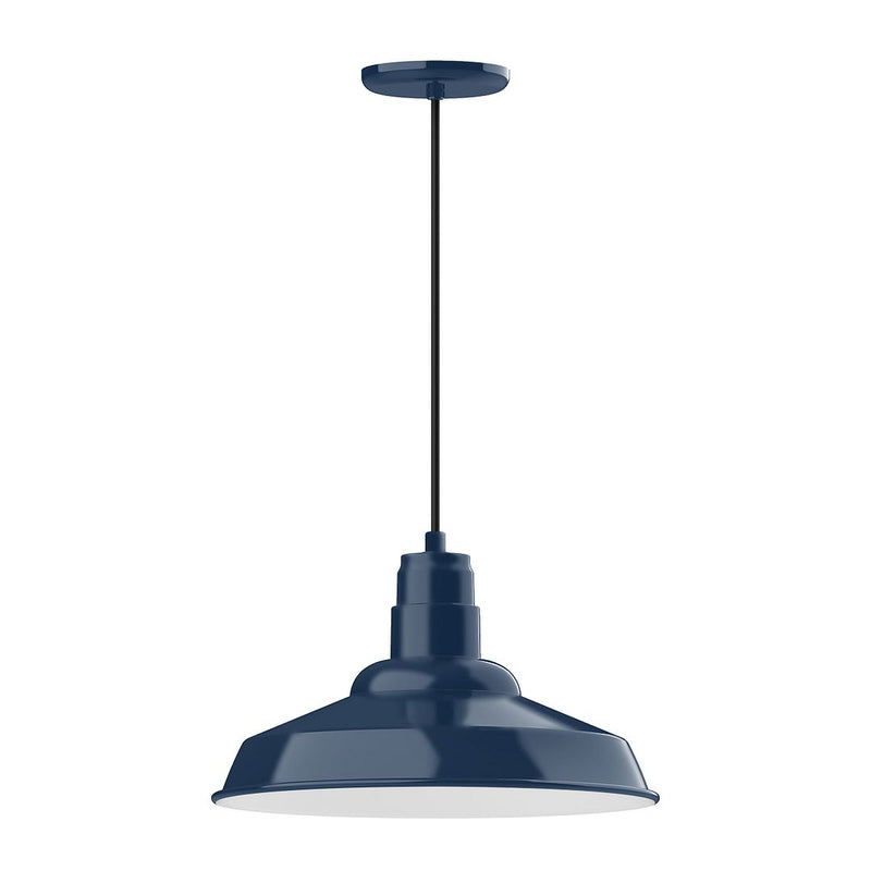 Navy LED pendant light with domed metal shade and hanging cord