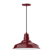 Barn red metal pendant light with domed bell shade and mounting canopy
