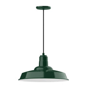 Forest green metal pendant light with wide bell shade and hanging cord