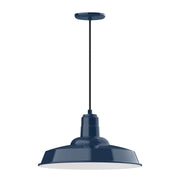 Navy pendant light with flared metal shade and hanging cord, 18-inch size